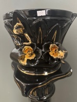 Magnificent Ornate Black and Gold fully glazed porcelain pedestal stand and matching planter pot with trailing roses - with maker mark - 2