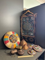 Asian decorator Lot w. Bag, Asian Style Hats, Wall Hanging etc