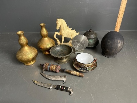 Mixed Asian Decorator Lot w. Prayer Wheel, Containers, Vases, Horse Statue, Cup & Saucer