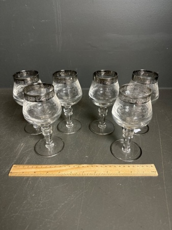 6 Heavy Etched Glass Wine Goblets