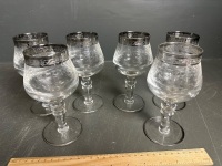 6 Heavy Etched Glass Wine Goblets - 2