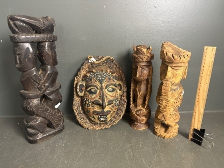 Mixed Tribal Decorator lot incl. Turtle Shell Mask & Softwood Statues