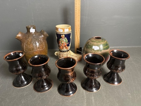 Pottery Vases, 5 Goblets & Boot Beer Stein