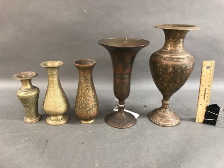 Collection of 5 Vintage Indian Incised Brass Vases