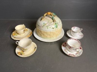 Antique Cheese Keeper w. 1 Trio & 3 Cup & Saucers