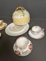 Antique Cheese Keeper w. 1 Trio & 3 Cup & Saucers - 3