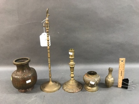 5 Pieces Vintage Brass inc. C/Stick, Bowl, Vases Etc