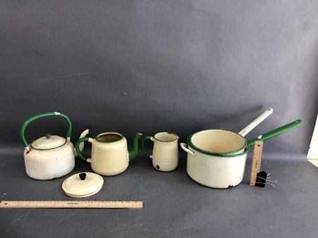 Box Lot of Vintage Green / Cream Kitchen Enamel Ware inc. Saucepans, Kettle, Jug etc.