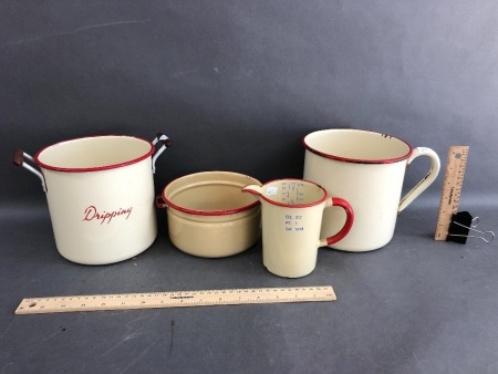 Box Lot of Vintage Red / Cream Kitchen Enamel Ware inc. XL Mug, Jug, Pots etc.