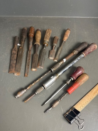 Set of Woodworking Chisels and Vintage Hand Press Drills