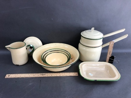 Box Lot of Vintage Green / Cream Kitchen Enamel Ware inc. Bowls, Bain Marie, Jug etc.