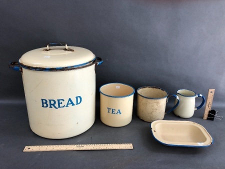 Collection of Vintage Blue / Cream Kitchen Enamel Ware inc. Large Bread Bin, Large Mug, Jug etc.