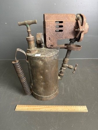 Large vintage furnace blow torch with pressure gauge