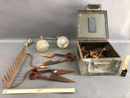 Vintage Steel Case + Old Tolls inc. 2 Sets Sheep Shears, Glass Cisterns Etc