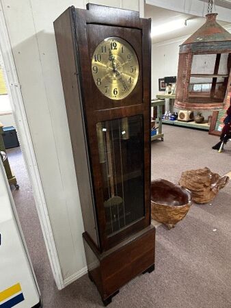 Norland (Eng)  grandfather clock with brass weights and bevelled glass front