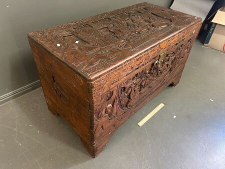 Hand Carved Asian Camphor Laurel Chest with Key