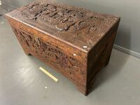 Hand Carved Asian Camphor Laurel Chest with Key - 2