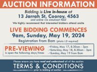 AUCTION INFORMATION: Bidding is live at 13 Jarrah St, Cooroy, 4563 & online via web feed (simulcast) - It is recommended that interested bidders attend the auction onsite | BIDDING COMMENCES: 9am, Sunday, May 19, 2024, Registration from 8am (photo I.D req