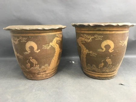 Pair of Large Vintage Chinese Stoneware Pots with Pie Crust Edge & Glazed Motifs of Cranes & Trees