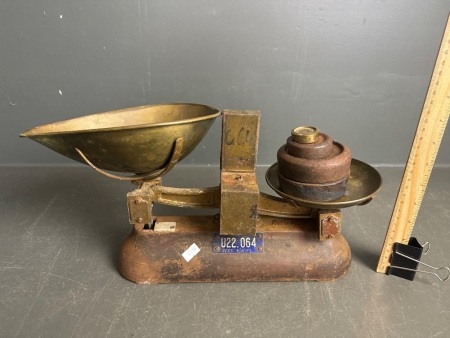 Antique Avery Bench Scales with Weights and Brass Bowl