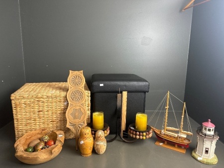 Home Decor Pack with Storage Containers, Wooden Boat, Candle Holder, Wooden Bowl with etc plus more