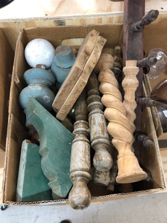 Box Lot of Old Finials, Furniture Feet, Spindles, Etc