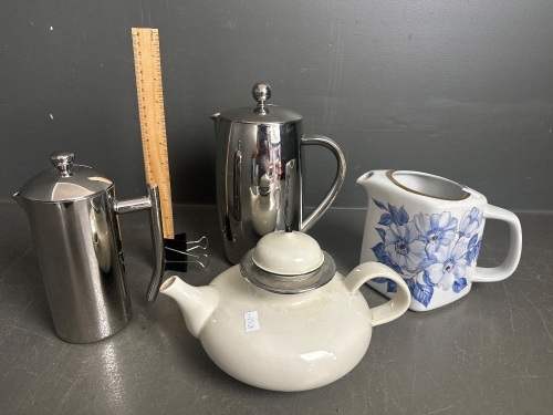 Two Stainless Coffee Plungers, Swedish Design Teapot & Arabia Finland Milk Jug