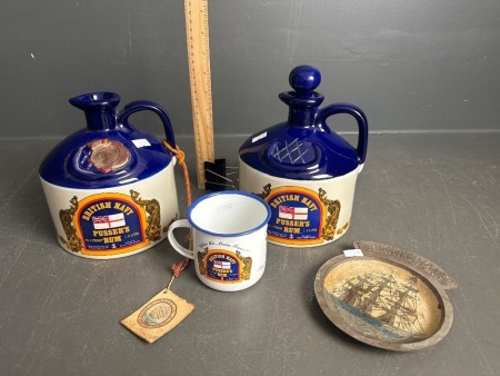 2 British Navy Pusser's Rum Bottles, Aluminium Mug & Pocket Change Tray