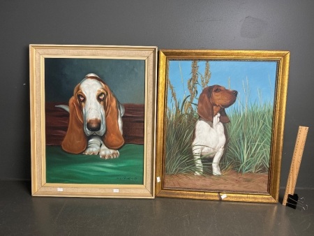 Two Beautiful Artworks on canvas of Basset Hounds by WY Chung 1979