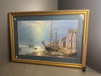 Artwork by Roger Desoutter, Ships & Dock in Gold Style Frame