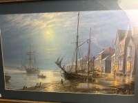 Artwork by Roger Desoutter, Ships & Dock in Gold Style Frame - 2