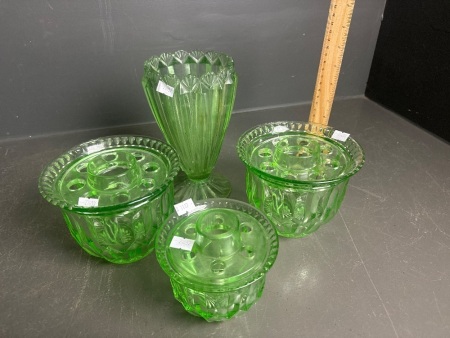 Four Vintage Green Depression Glass Vases