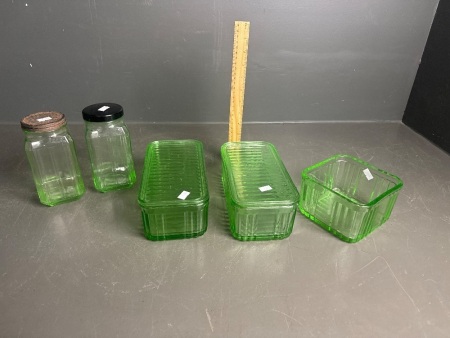 Vintage Green Depression Glass Jars & Rectangular Butter Dishes