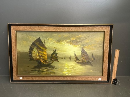 Mid Century Oil on Canvas Junket Sailing