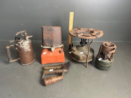 Assorted Vintage Kerosene Heater, Cookers & Burmos Blow Torch