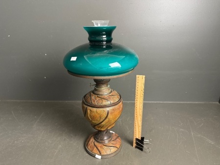 Vintage oil lamp with ceramic base & font with green glass shade