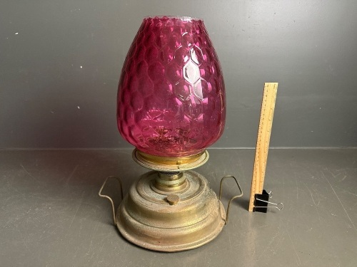 Wright Butler -The Union Burner- brass oil lamp with ruby glass shade - no chimney