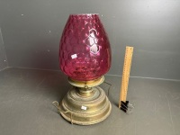 Wright Butler -The Union Burner- brass oil lamp with ruby glass shade - no chimney - 2