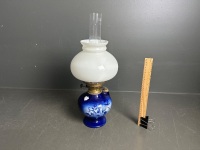 English ceramic oil lamp with brass double burner and white glass shade - 4