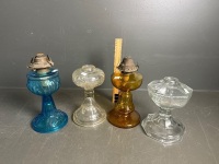 4x glass oil lanterns - 2 with burners - no shades/chimneys