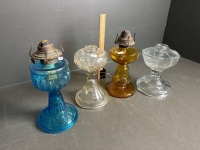 4x glass oil lanterns - 2 with burners - no shades/chimneys - 2