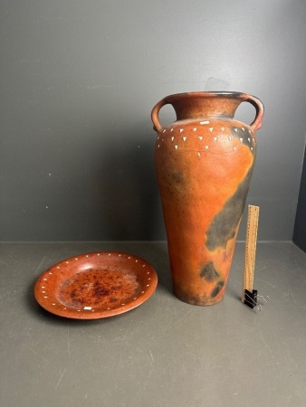 Large pottery urn and tray