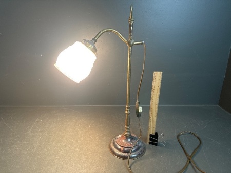 Adjustable desktop electric lamp - brass stand and white/pink glass shade