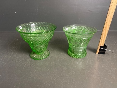 2 green depression glass flower vases with frogs