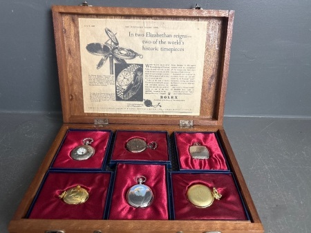 6 pocket watches in vintage timber case