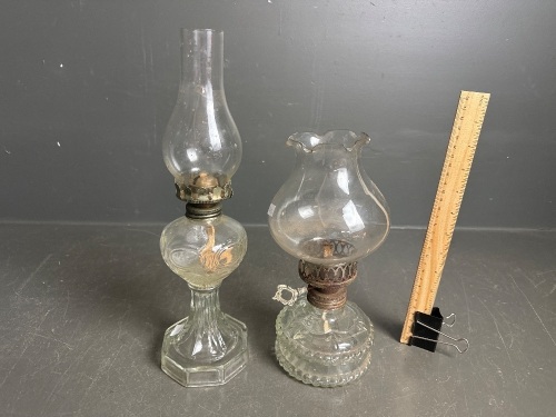 1930s clear cut glass oil lamp + clear glass hero lamp embossed WINDES on base