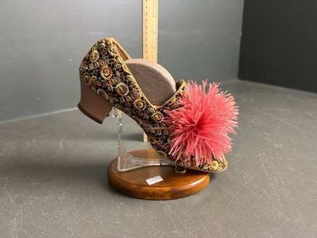 Handmade Powder Puff Pom Pom shoe on stand for display