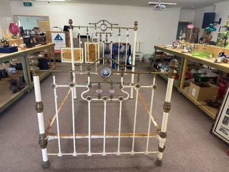 Antique brass and iron double bed with porcelain inserts