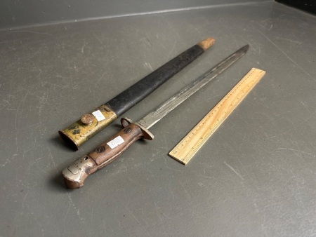 Vintage bayonet sword with metal/leather scabbard - stainless steel blade - possibly Spanish - marked on blade and handle