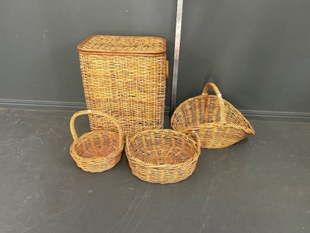 Assortment of cane baskets and wash basket